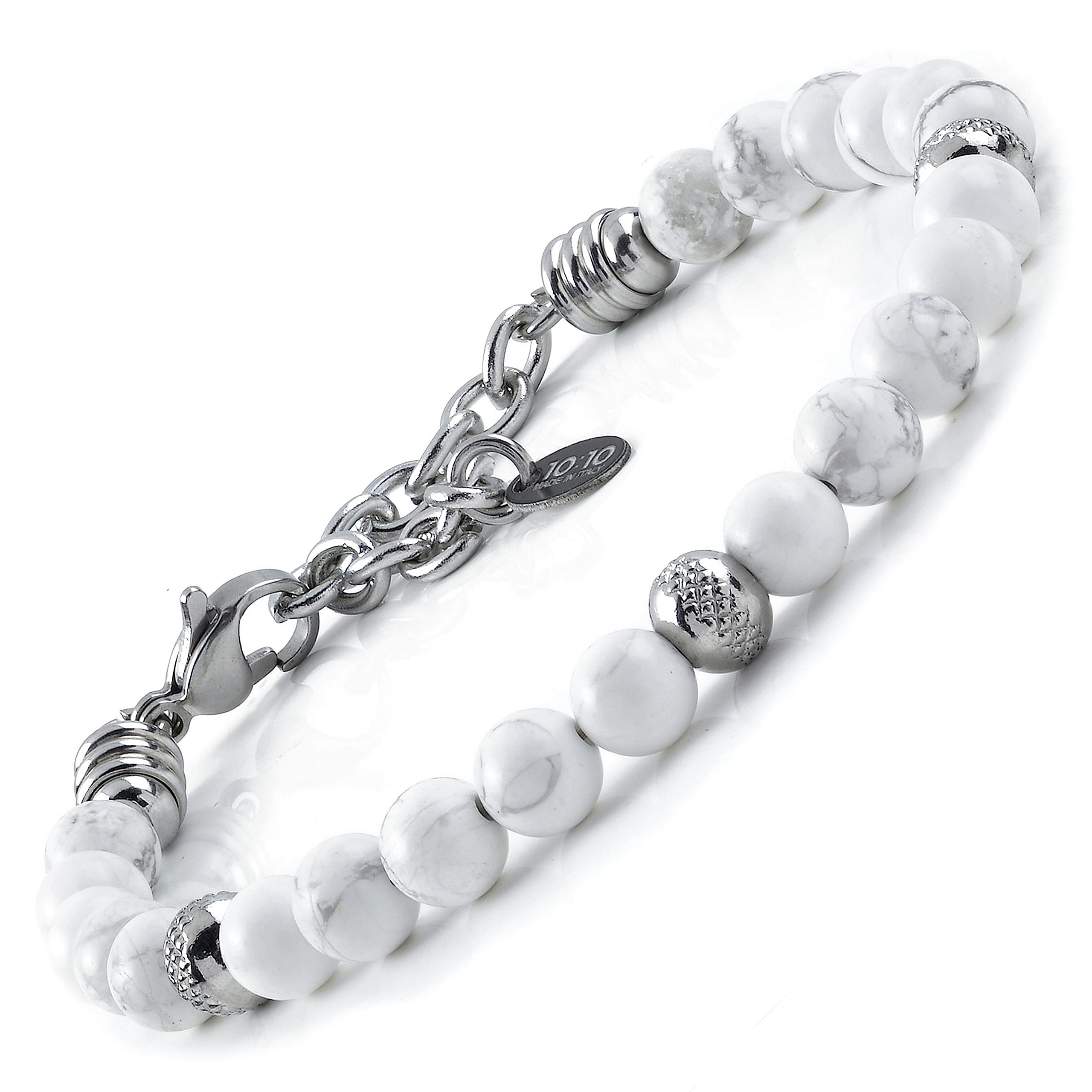 10:10 Jewels Men's and Women's Bracelet with 0,25 inch Natural White Howlite Stones, Male or Female Bracelet with Diamond Beads in Stainless Steel and Very Resistant, Made in Italy