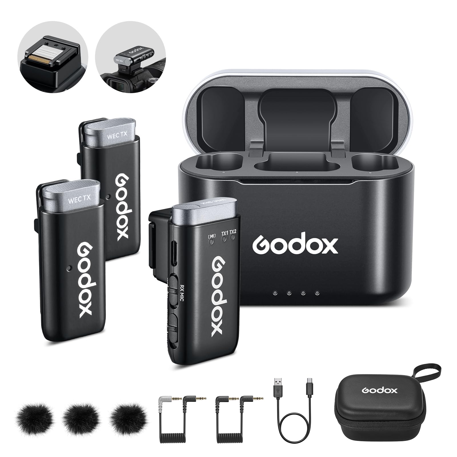 GODOX WEC-S Kit2 Wireless Lavalier Microphone with Sony Mi Hotshoe Receiver, 200m Range, Noise Cancellation Compact Wireless Microphone for Sony DSLR Cameras