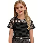 QISSYILY Girls' Fishnet Crochet Crop Tops Neon Sheer Mesh Shirt Hip Hop Dance Short Sleeve Shirts Hollow Out T-Shirts Blouse