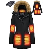 GOTOBI Graphene Long Heated Jacket for Women with 18400mAh 12V Battery Pack, Womens Parka Coat with Faux Fur Detachable Hood