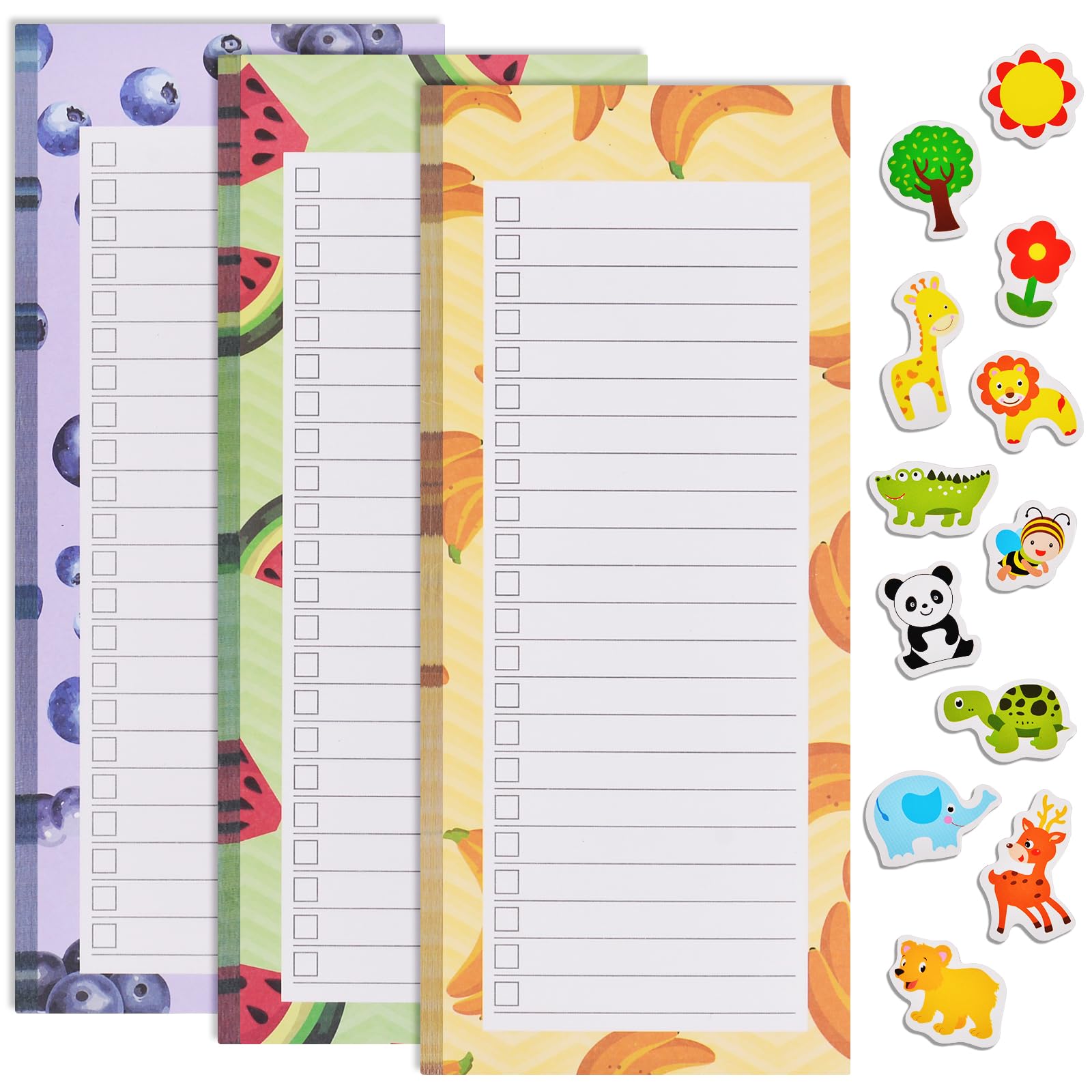 AUAUY 3 Pack Magnetic Notepads for Refrigerator, Fruit Design Grocery List Magnet Pads with 12PCS Mini Refrigerator Magnets, Full Magnet Back Notepads for Shopping List,To-Do List, 50 Sheets Per Pad