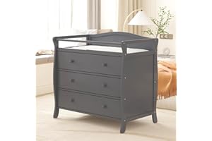 MilleLoom Wooden Diaper Changing Table,Baby Diaper Changing Station Infant Nursing Table with 3 Drawers, Safety Rail & Strap,Modern Baby Changing Table for Bedroom, Nursery