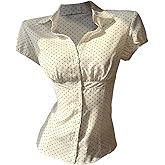 SOLY HUX Women's Polka Dots Button Down Shirt Short Sleeve Collar Fitted Blouse Y2k Fitted Tops