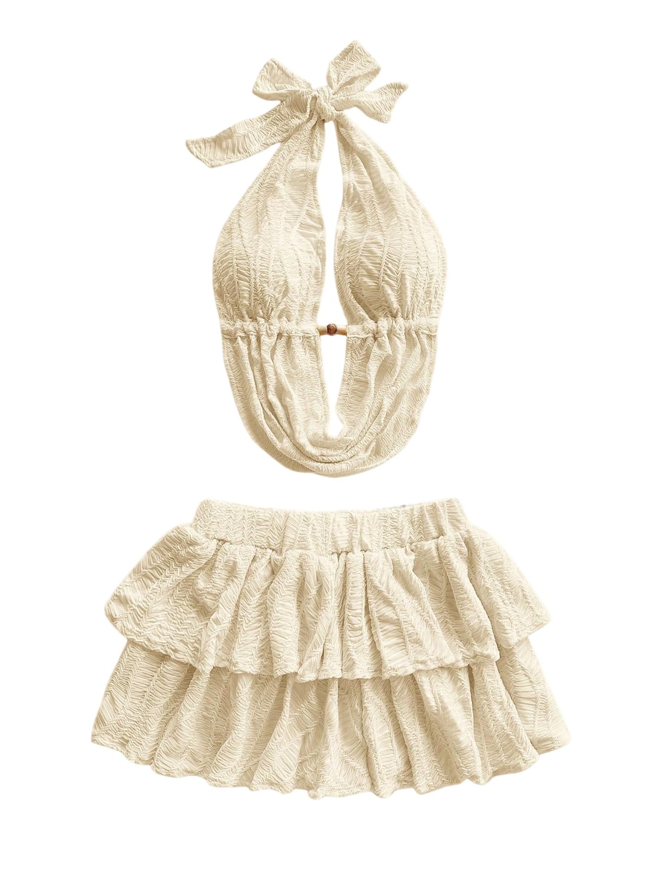 Photo 1 of *MISSING TOP* MakeMeChic Women's Y2k Outfit Draped Front Tie Back Halter Crop Tops and Skirt Set Apricot Medium