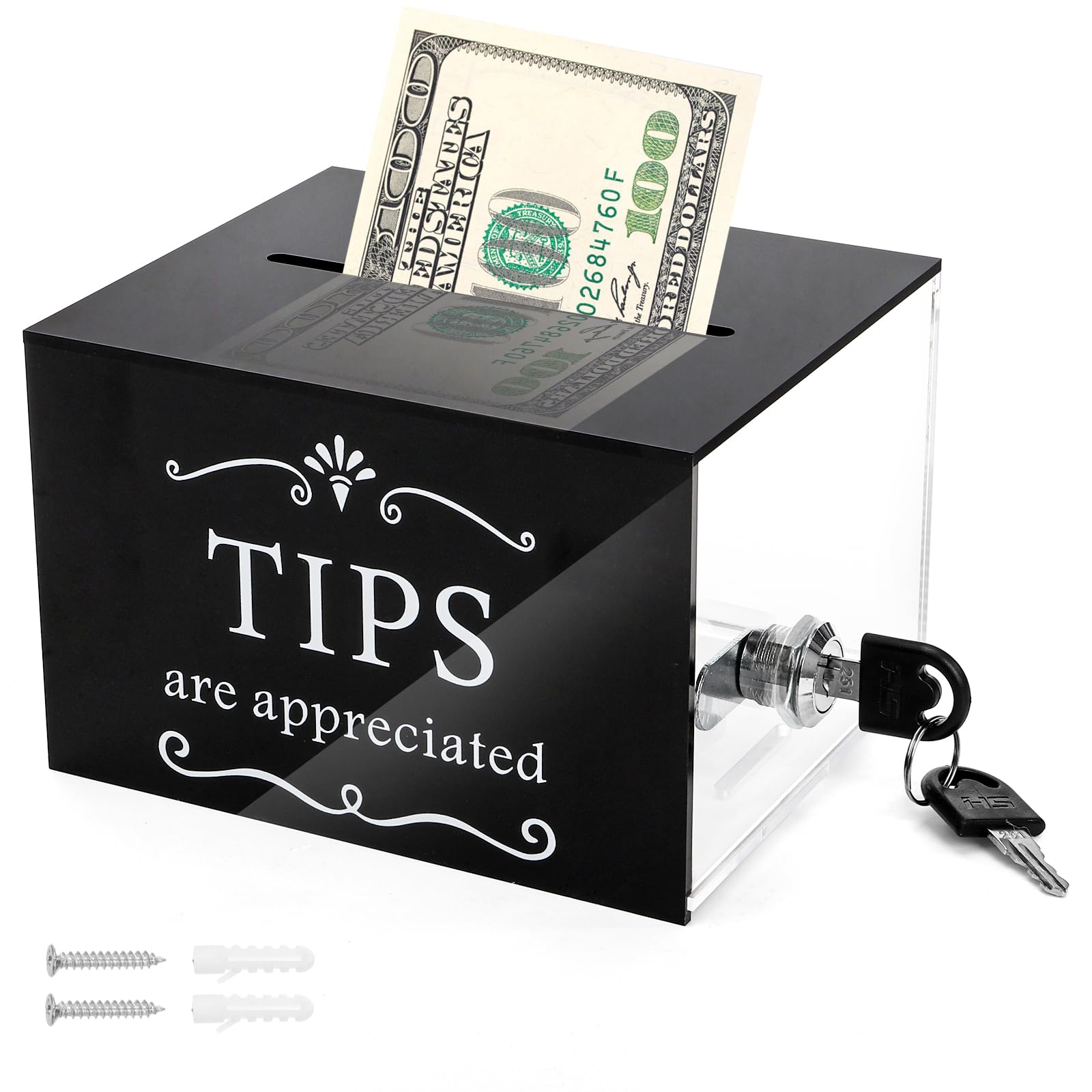 Photo 1 of ZEAYEA Tip Jar for Money, 6 x 4 x 5 Inch Acrylic Tip Collection Box with Lock, Wall-Mounted Donation Suggestion Box, Raffle Cash Money Storage Container for Bartender Bar Restaurant Musicians Driver