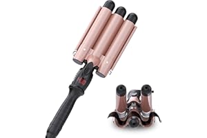 kuwa Crimper Hair Tool, 15 Variable Temperature with LCD Display Hair Crimper, Waver Hair Tool,3 Barrel Curling Iron, hairCrimper for Women,Long-Lasting Natural Tight Waves