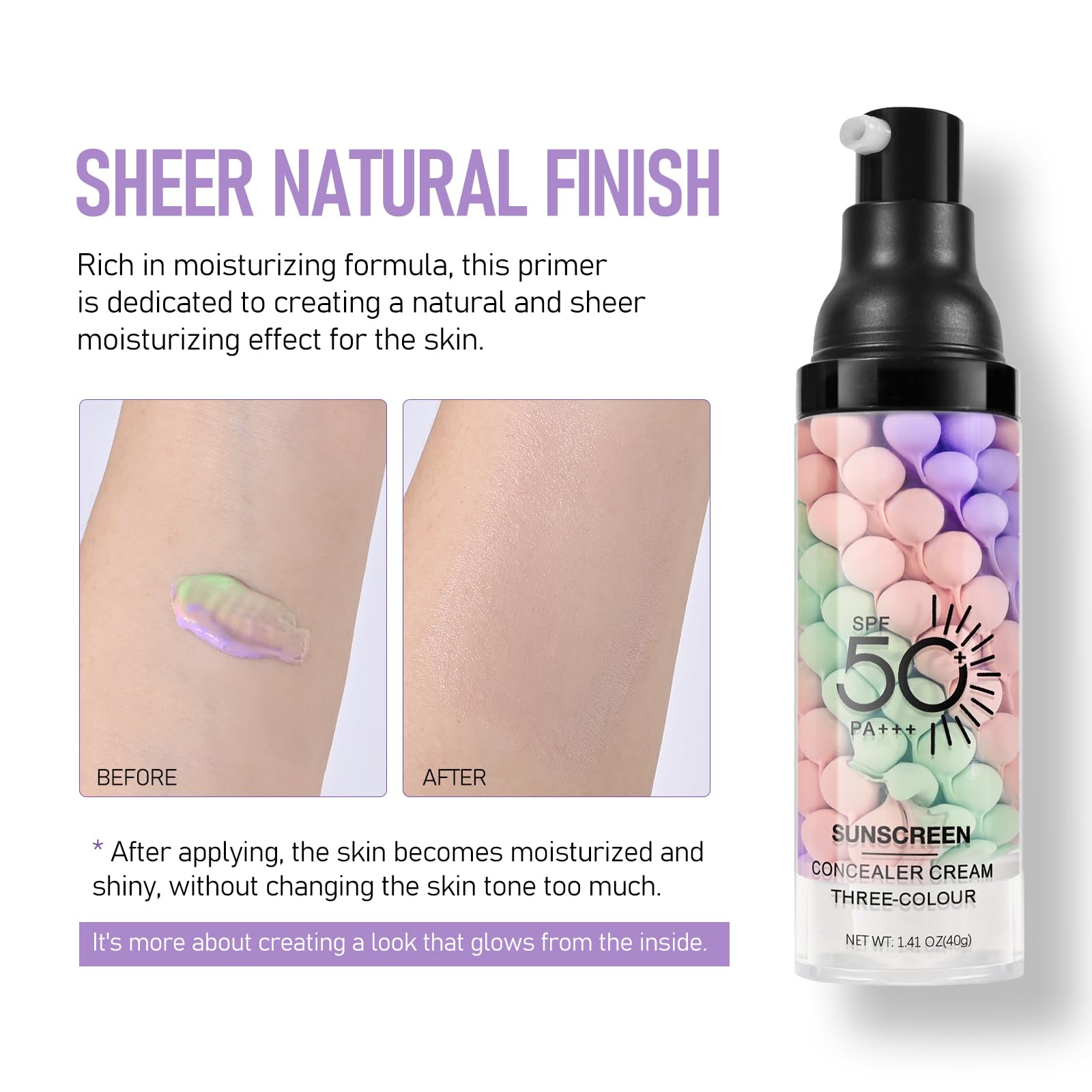 KYDA Color Correcting Primer,SPF Makeup 50 PA+++,Color Correcting Serum, Moisturizing Makeup Primer, One Step Brightening Primer to Even Skin Tone, Oil Control Skin Corrector,Purple Pink Green