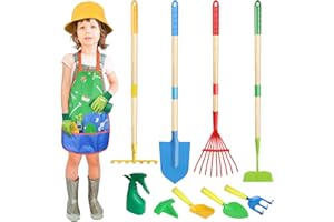 Magic4U Kids Gardening Tools Set, 22 Pcs Metal Garden Tools Toys with Apron, Gloves, Wood Handle Shovel, Rake, Hoe and Leaf Rake, Outdoor Digging Toys Gifts for Kids Age 3+