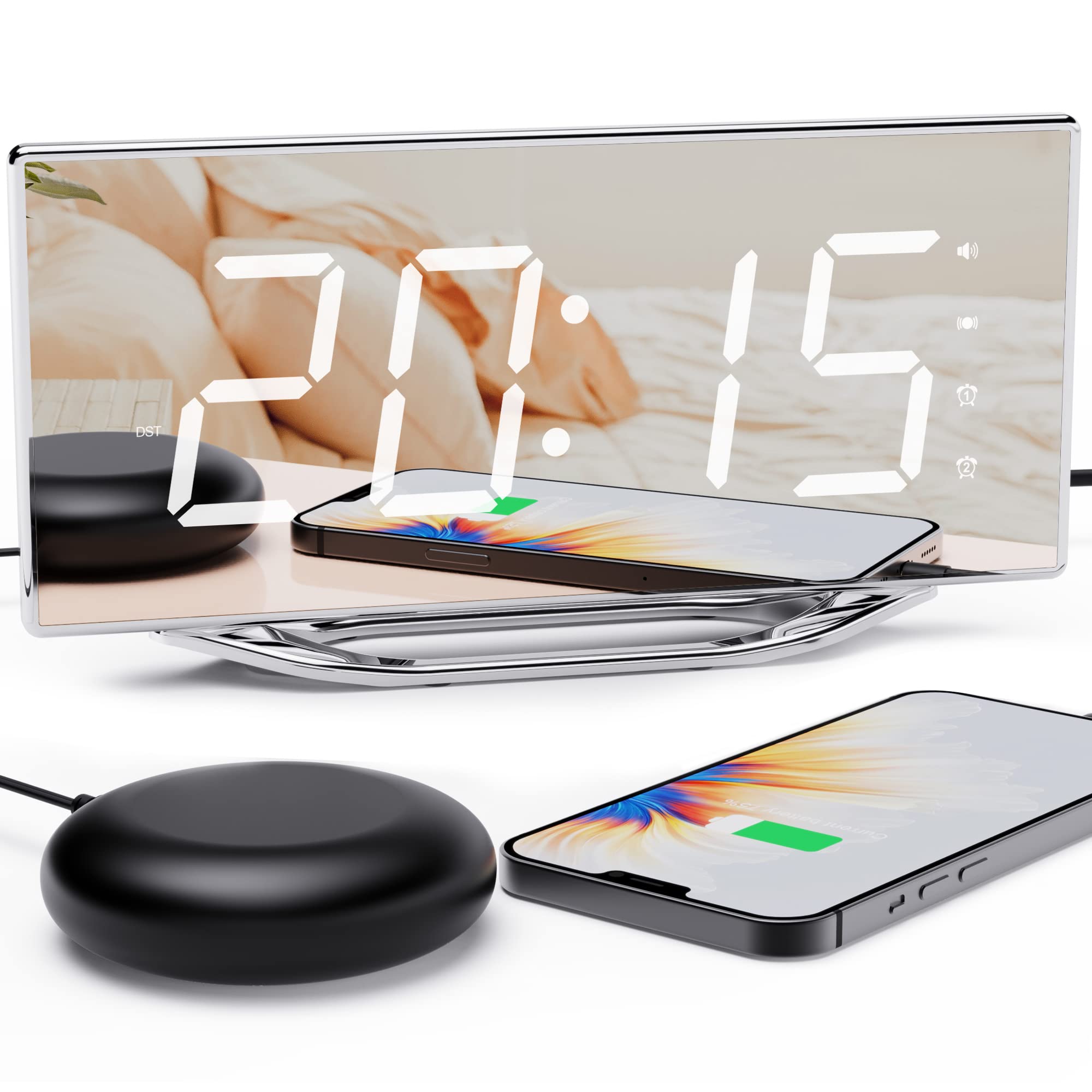 ROCAM Loud Alarm Clock for Heavy Sleepers Adults, 8.7'' Large Led Digital Mirror Clock with USB Charger, Vibrating Alarm Clock with Bed Shaker, Battery Backup, Snooze, Dual Alarm, Dimmer