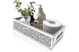 Wocred Bathroom Basket Toilet Tank,Crushed Diamond Mirrored Bathroom Tray Wall-Mounted,Silver Storage Organizer fits Dresser Bedroom,Bathroom,Coffee Table.(15”x7”x3.8”)