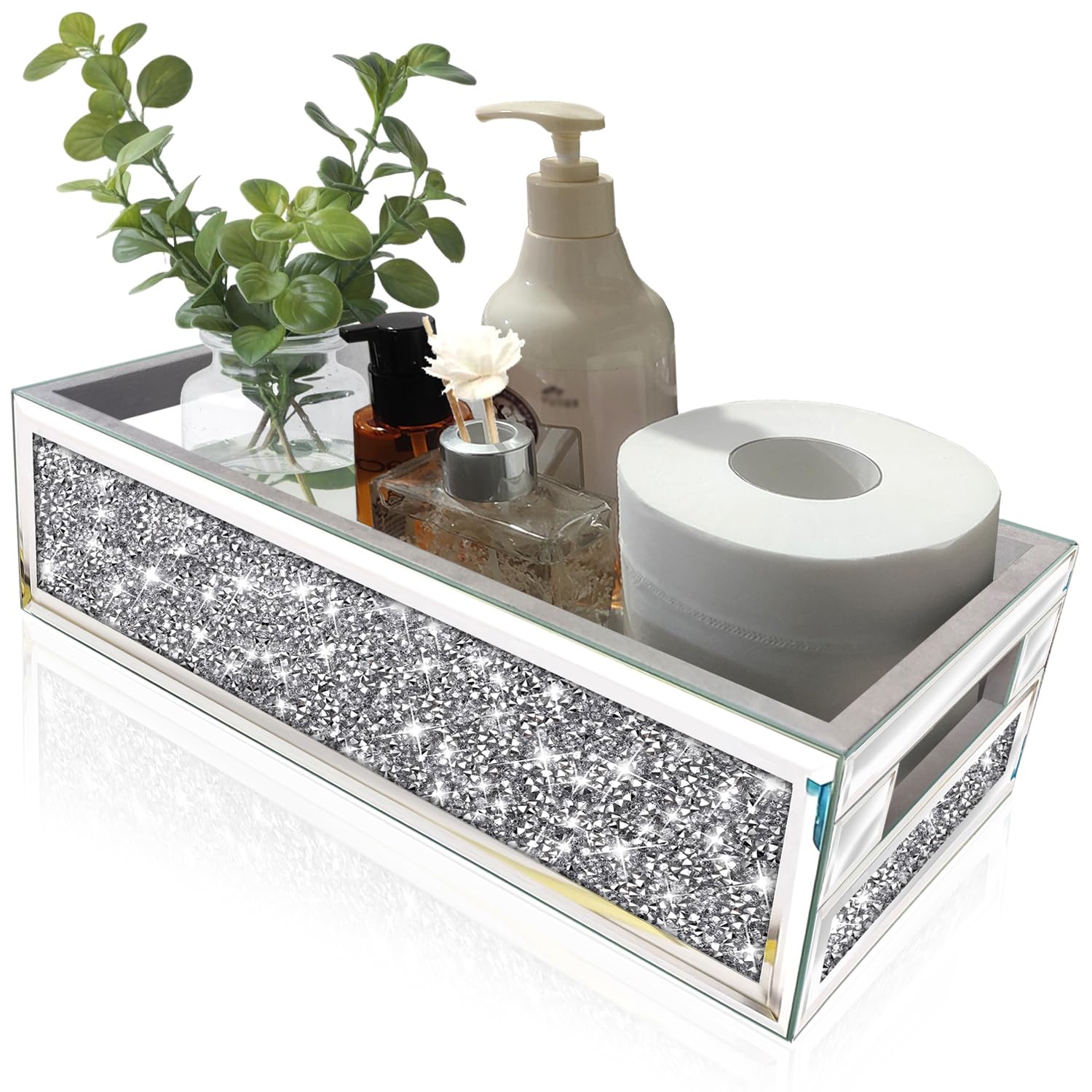 Photo 1 of Wocred Bathroom Basket Toilet Tank,Crushed Diamond Mirrored Bathroom Tray Wall-Mounted,Silver Storage Organizer fits Dresser Bedroom,Bathroom,Coffee Table.(15”x7”x3.8”)