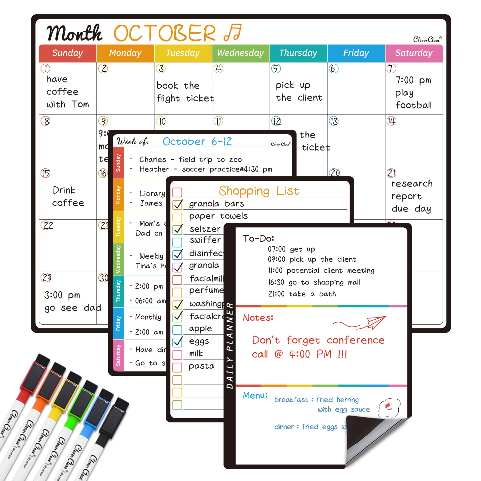 Photo 1 of Magnetic Dry Erase Monthly Calendar Set - 14.5"x11" Monthly Calendar, 6.5"x8.5" Weekly, Daily, List Boards for Fridge - 6 Extra Fine Point Markers Included - Shipped Flat
