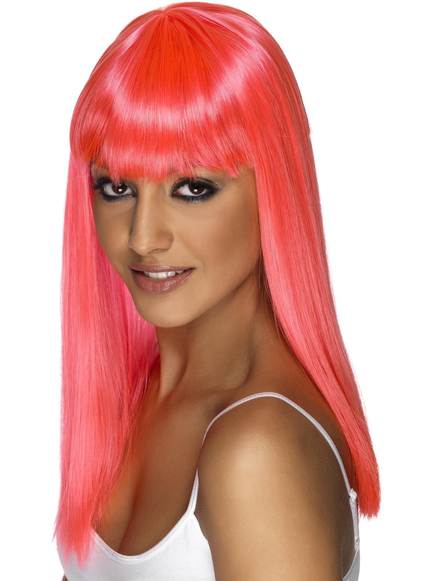 Smiffys Glamourama Wig, Neon Pink Long, Straight with Fringe, Ladies Glamour Wigs Fancy Dress, Adult Dress Up Wigs