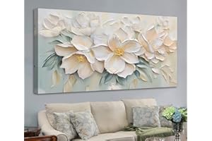 Anolyfi White Textured Flowers Canvas Wall Art for Living Room, Modern Aesthetic Picture Sage Florals Painting Wall Decor, Large Artwork for Hallway Bedroom Office Home Decor 48"x24"