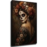 Day of The Dead Woman Wall Art, Floral Skull Canvas Print Painting, Gothic Cultural Decor for Bar Hallway Bedroom (Framed,Wrapped Canvas,24 * 36inch)