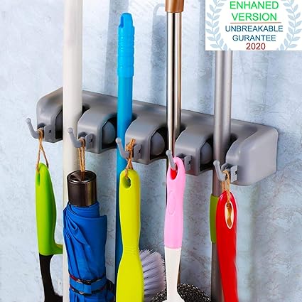 Angel Bear Mop Holder and Broom Holder, 4 Slot Position with 5 Hooks Garage Storage Holder