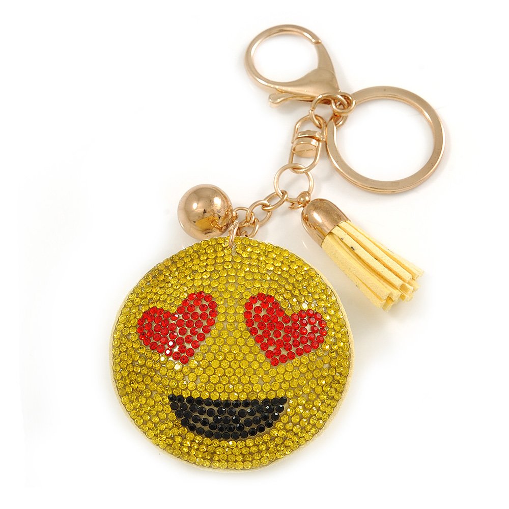Avalaya Yellow/Red/Black Crystal Smiling Face Keyring/Bag Charm In Gold Tone Metal - 12cm L