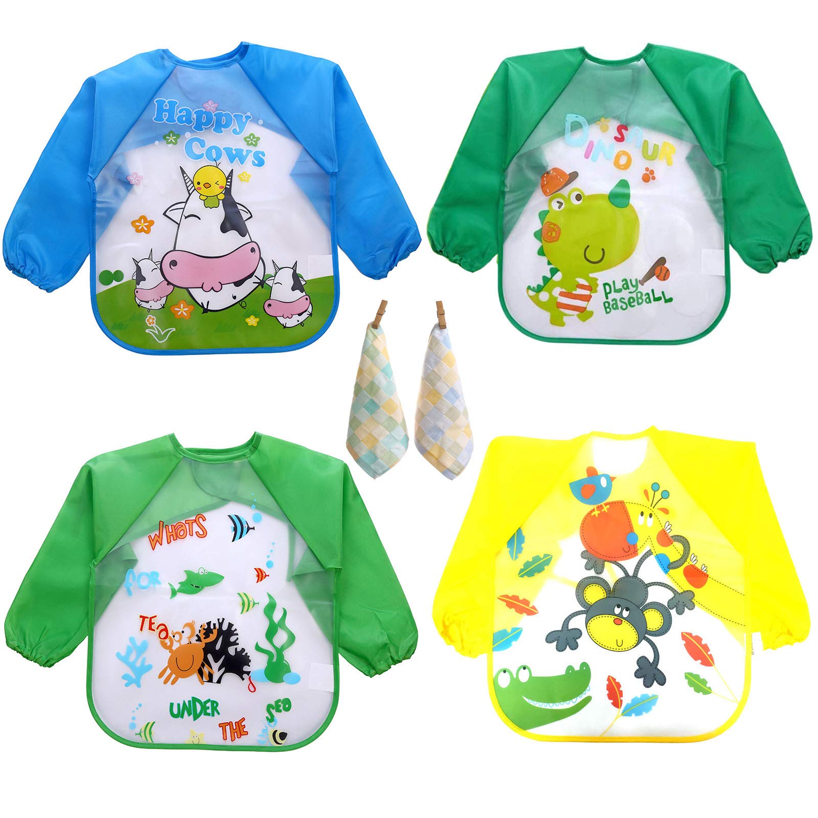 4Pcs Baby Bibs with Sleeves, Waterproof Long Sleeve EVA Boy Bib Feeding Bibs Apron Printed Dinosaur Monkey Cows Crab, Bandana Drool Baby Bib with 2 Baby Towel for Infant Toddler 6Months to 3Years Old