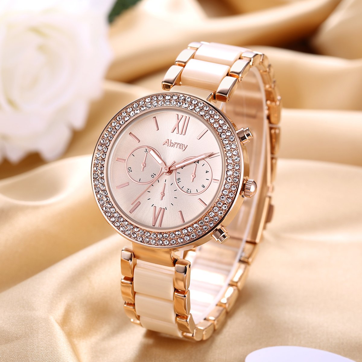 Oumosi Women\'s Swarovski Crystal Accented Gold-Tone and Pink Bracelet Wrist Watch