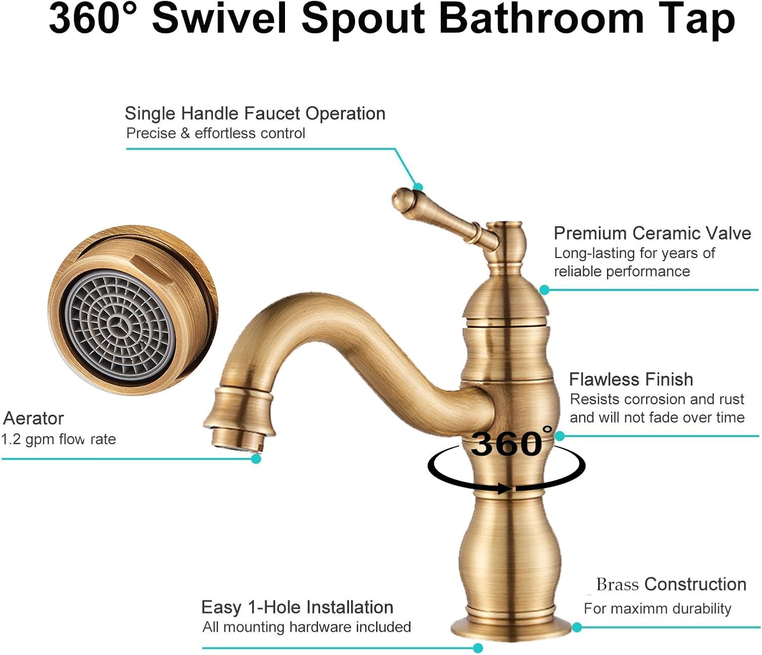 Rozin Antique Brass Bathroom Sink Tap Brass Single Hole Deck Mounted Basin Mixer Wash Sink Tap, Antique Brass Short Basin Mixer, Short - Image 5