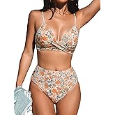 CUPSHE Women's Bikini Sets Two Piece Swimsuit High Waisted V Neck Twist Front Adjustable Spaghetti Straps Bathing Suit