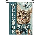 Artofy Welcome Winter Tabby Cat Blue Small Decorative Garden Flag, Farmhouse Yard Outside Decor Pet Owner Lover Gift, Rustic Christmas Snowflake Burlap Outdoor Home Decoration Double Sided 12 x 18
