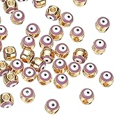 PATIKIL 5mm Enamel Evil Eye Beads, 50 Pcs Turkish Evil Eye Beads Gold Plated Evil Eye Charms Bulk Alloy Spacer Round Bead for DIY Art Craft Bracelet Necklace Earrings Making, Purple