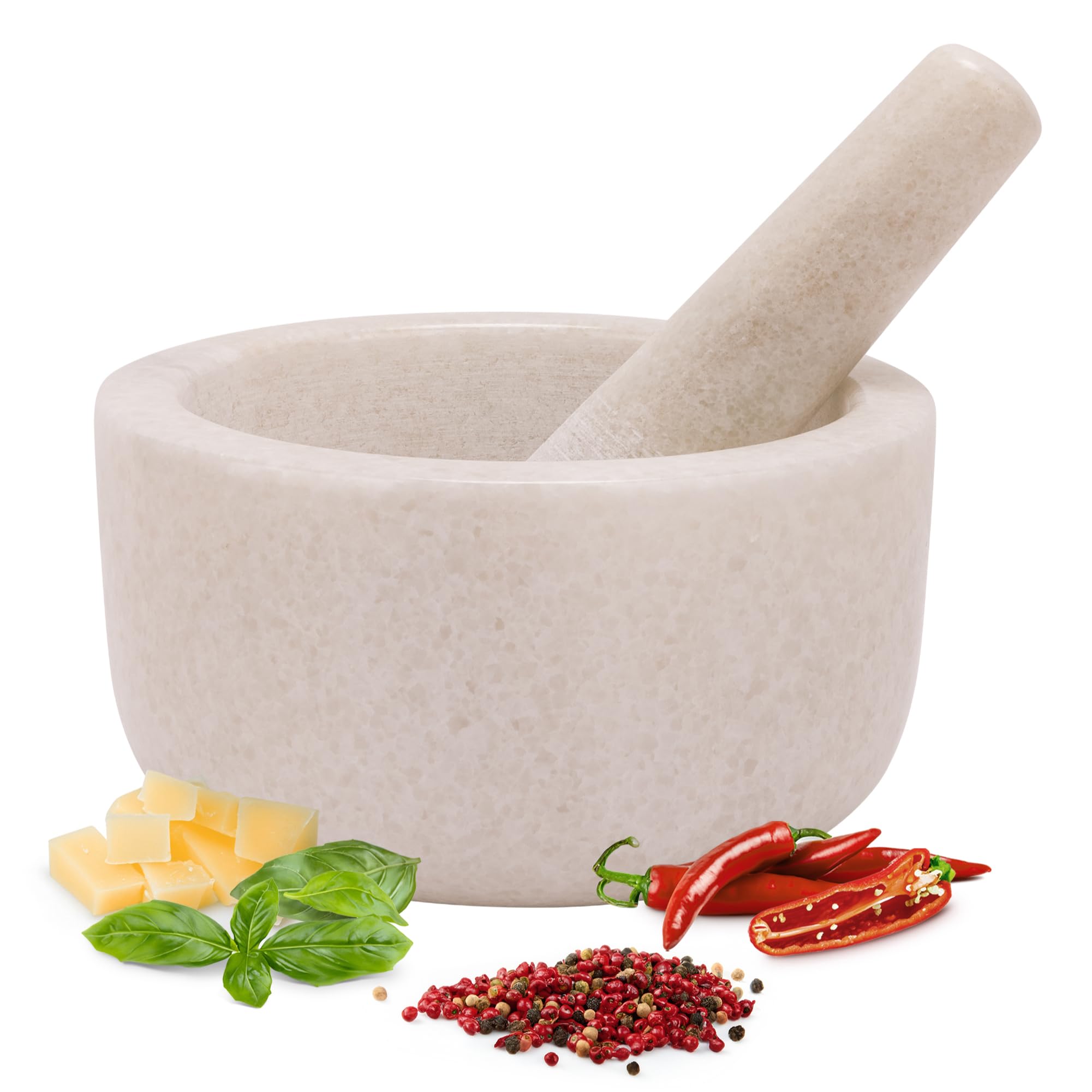 H&S Alliance Mortar and Pestle Set - Premium Stone Pestle and Mortar Grinder - Spice Herb Small Grinder for Kitchen - Pesto Guacamole Maker - 18cm (7.1") Diameter - White Marble