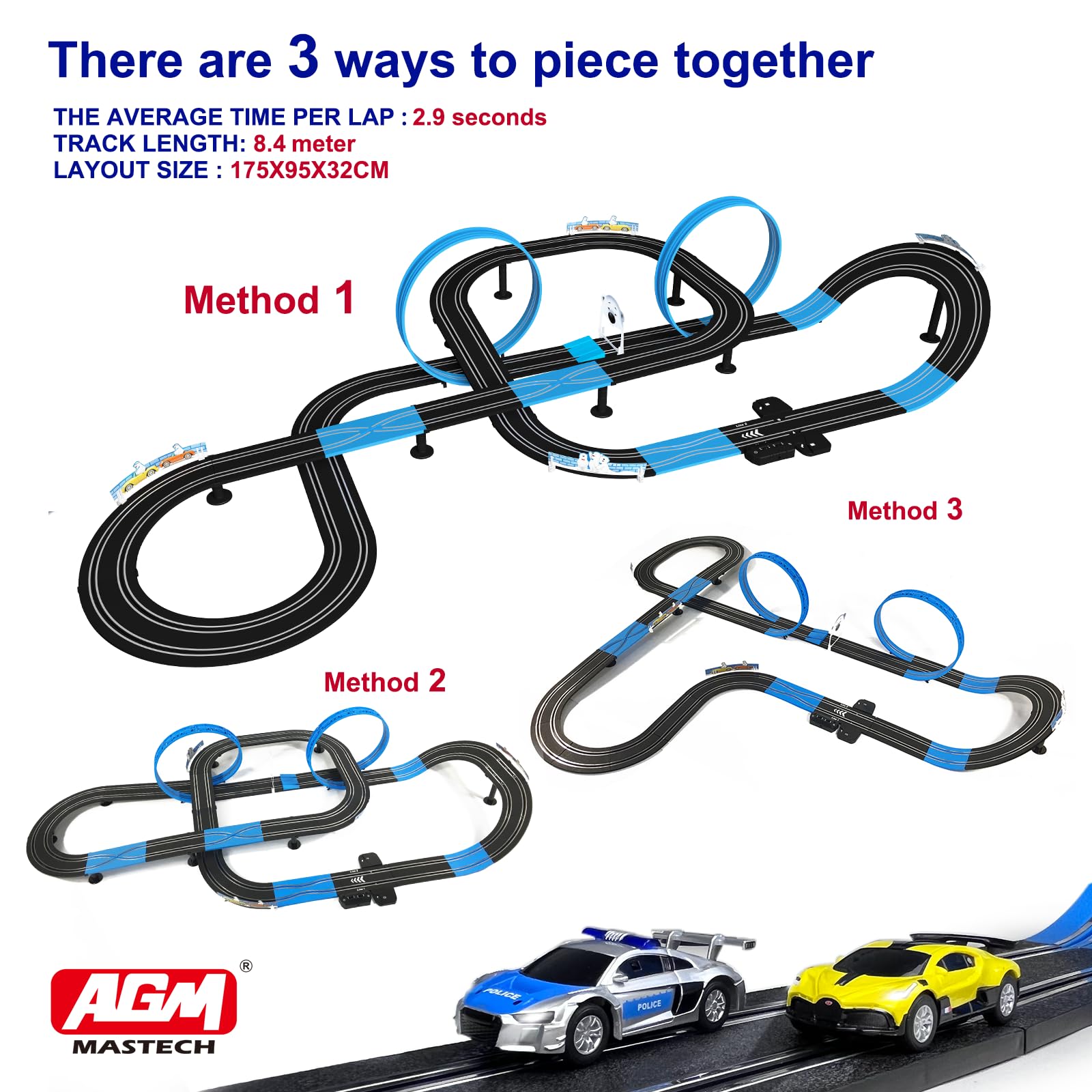 AGM MASTECH High Speed Series Dual Track Set, 8.4m Electric Track with 4 Vehicles Official Licensed Slot car Racing, Comes with 2 Hand Controls and Track Parts and a Lap Counter.