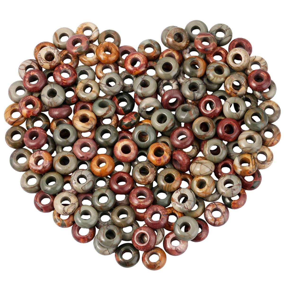 mookaitedecor 20pcs 14mm Natural Picasso Jasper Round Large Hole Gemstone Beads for Jewellery Making, 6mm Hole Loose Rondelle Crystal Stone Beads for Crafting European Bracelet Macrame DIY Projects