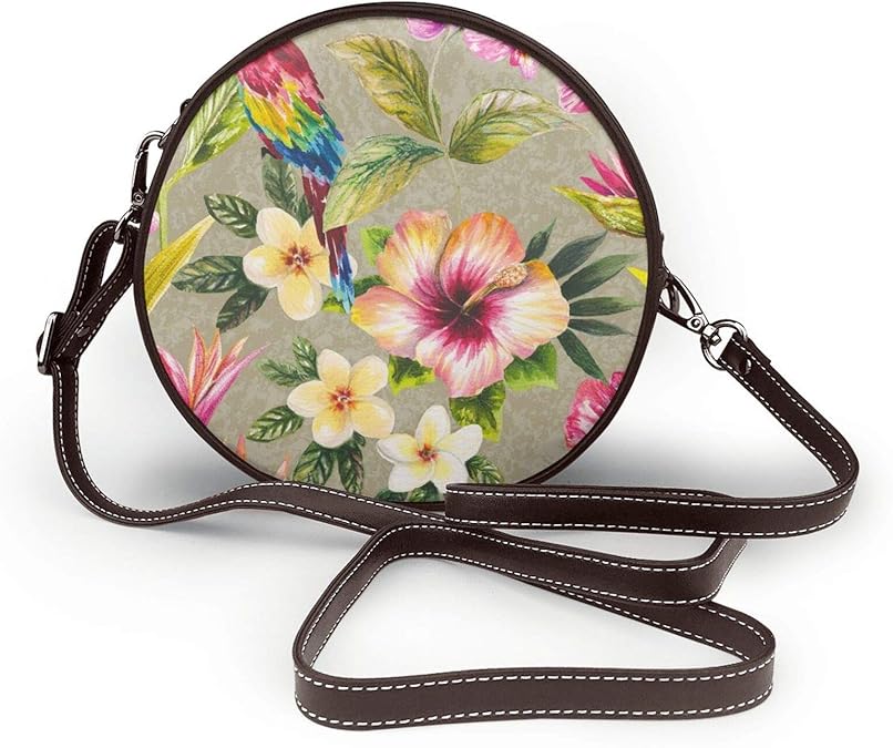 Small Round Crossbody Bag for Women, Tropical Parrot Floral Leather