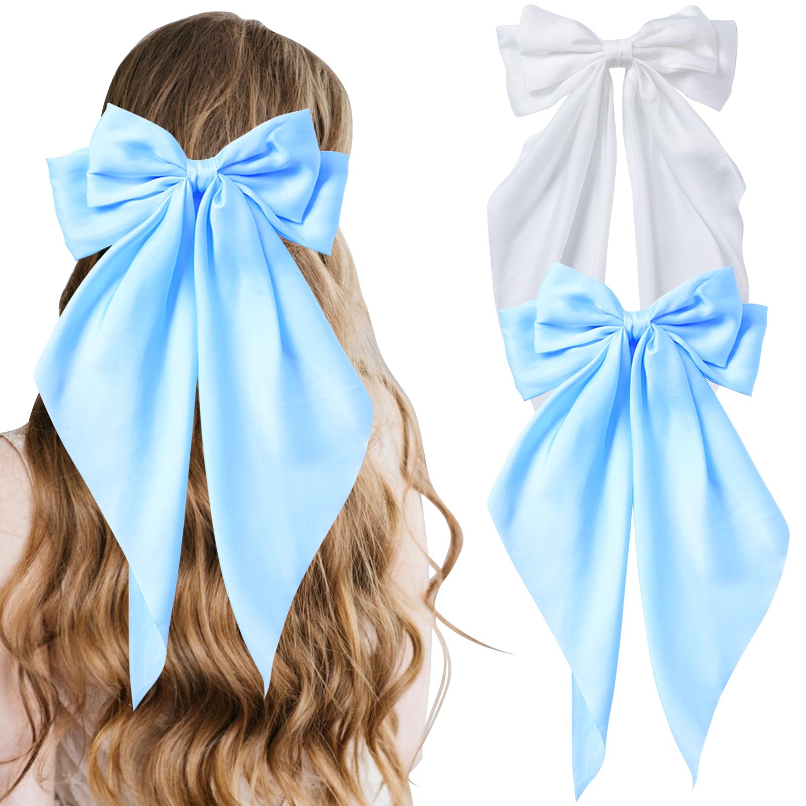 COLANANA 2 Pcs Big Hair Bow,White Blue Big Bows for Girls,Bowknot Hairpin French Hair Clips With Long Silky Satin Hair Barrettes Accessories Bow Hair Clips for Women Girl