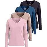 Real Essentials 4 Pack: Women's V-Neck Cotton Long-Sleeve T-Shirt (Available in Plus Size)