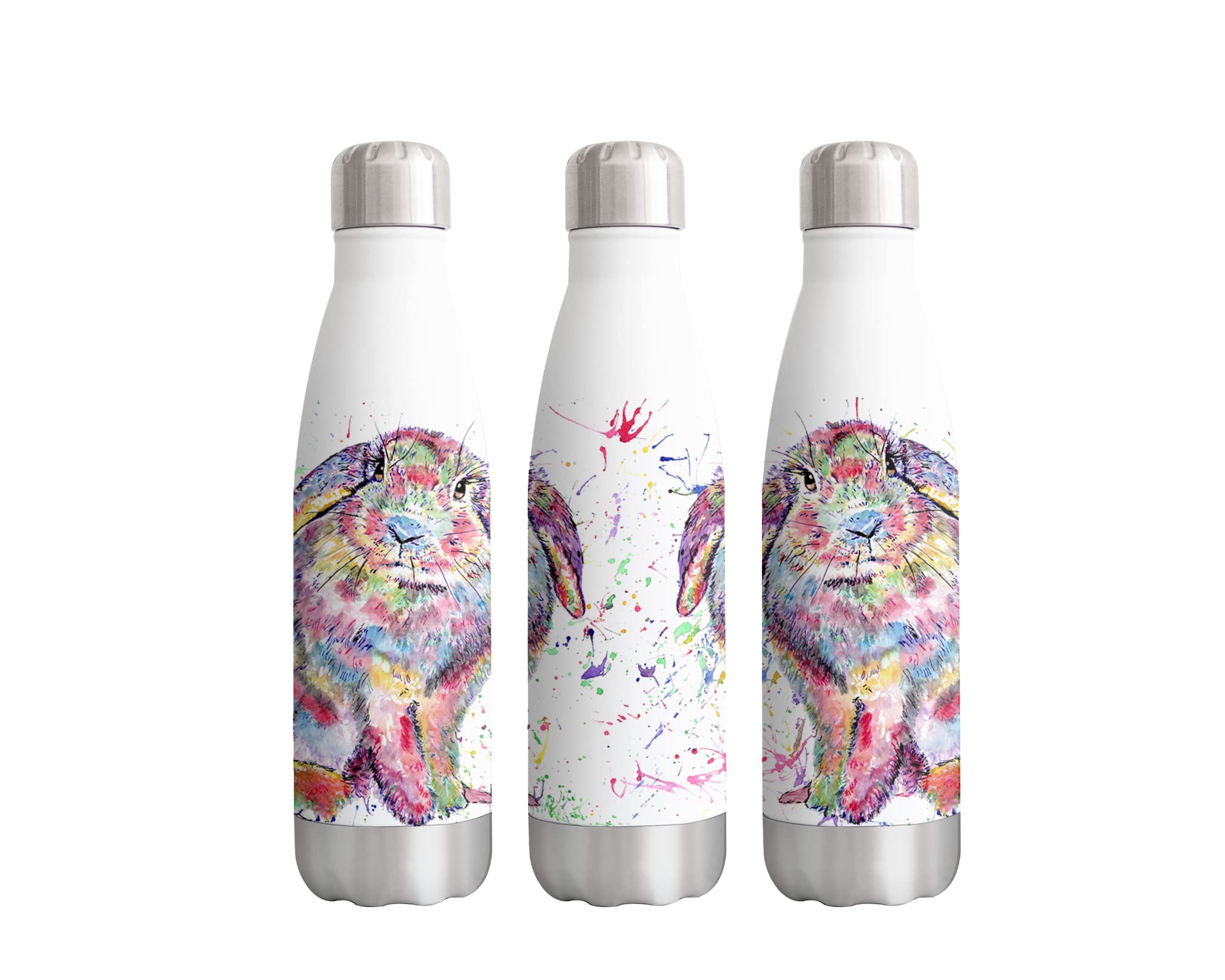 Lop Rabbit Bunny Eared Animals Watercolour rainbow art Bottle double Wall insulated Stainless steel sport Drinks 500ml WHITE Gift ideal for school work office Oudoor sports keeps Hot and Cold Drinks