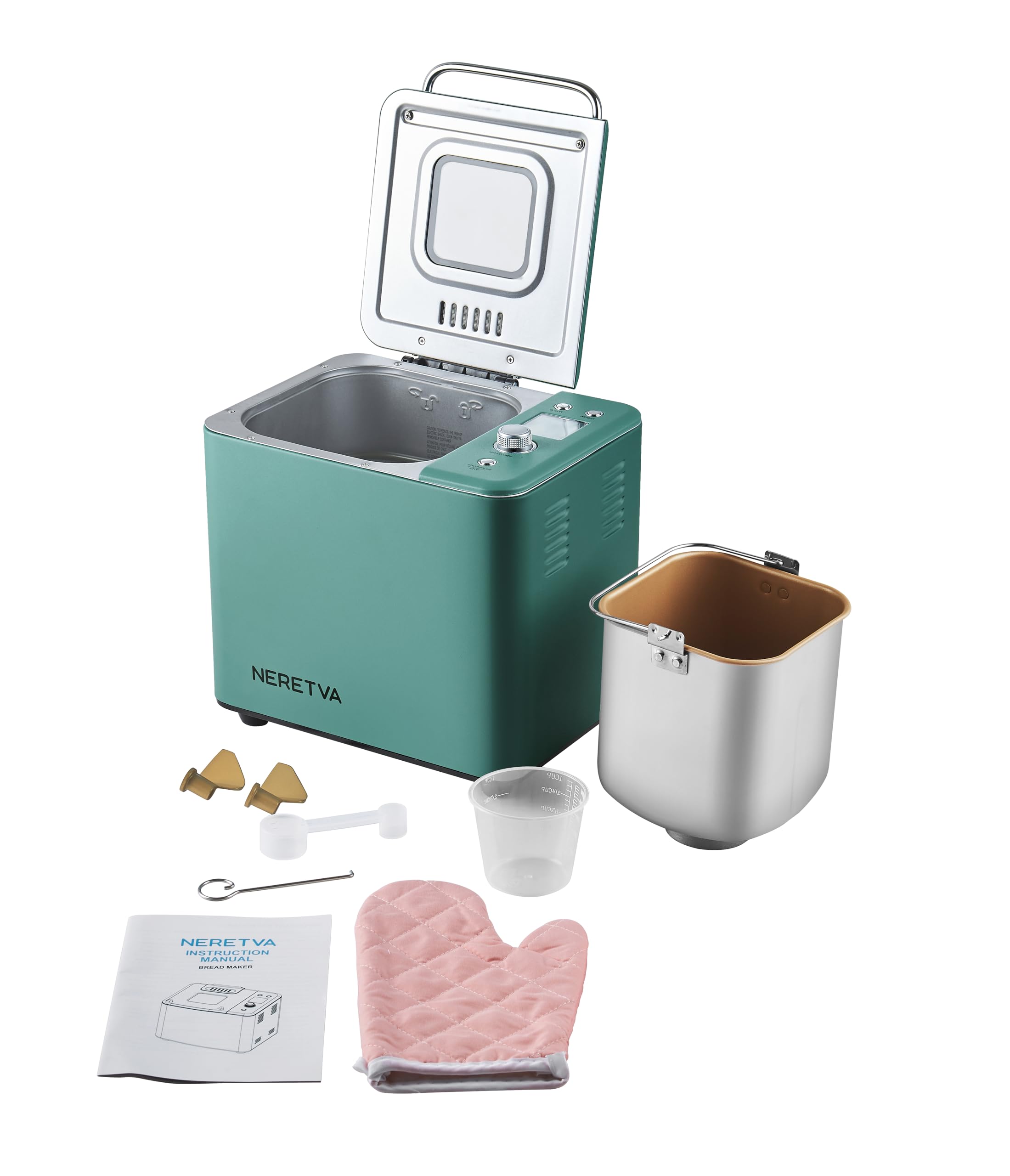 Neretva Bread Maker, 20-IN-1 2LB Bread Machine Dual Heater Bread Maker Machine Automatic with Nonstick Ceramic Pan, 15H Timer & 1H Keep Warm Set, Low Noise, Stainless Steel Breadmaker Recipe-Green