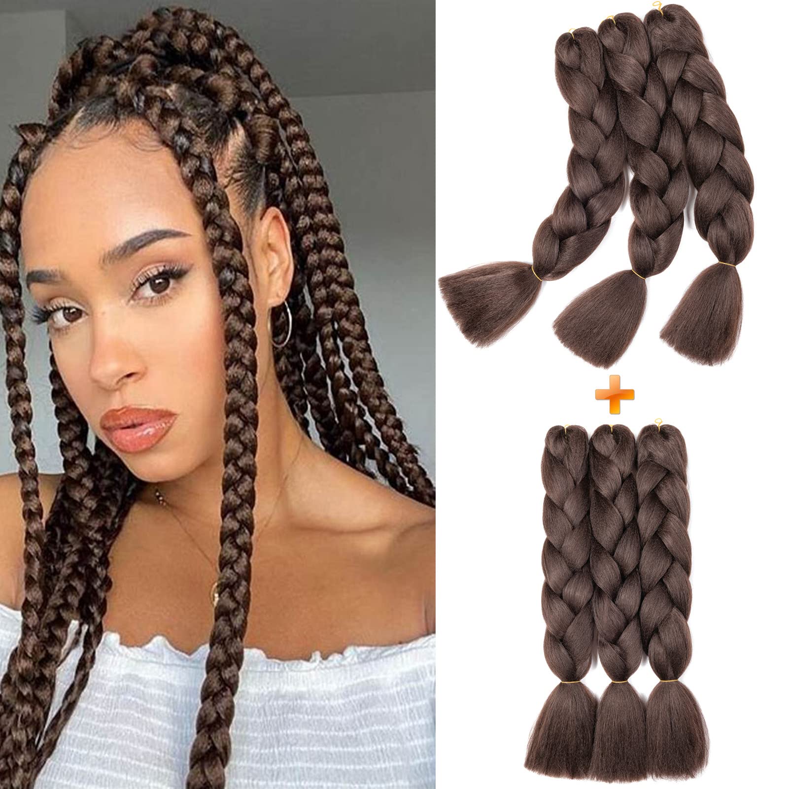 Gairyan Braiding Hair Extensions for Braiding 6 Packs 600g 24" Ombre Jumbo Braiding Hair Coloured Synthetic Hair for Women Soft Box Braids Crochet Twists (Medium Brown)