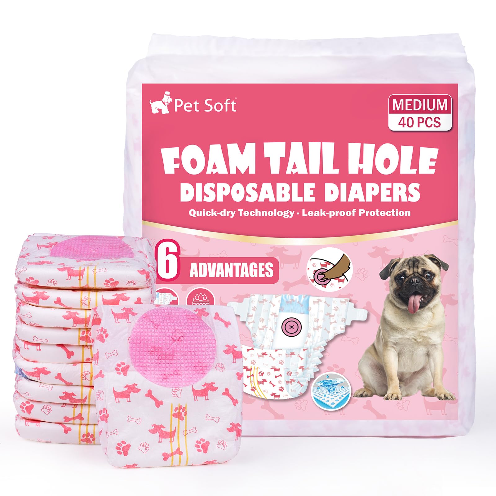 Pet Soft Dog Nappies Female, 40 Count Disposable Dog Pants Female Medium, Super Absorbent Disposable Dog Diapers for Girl Dogs in Season/Heat/Incontinence with Adjustable Tail Hole (M 40Count)