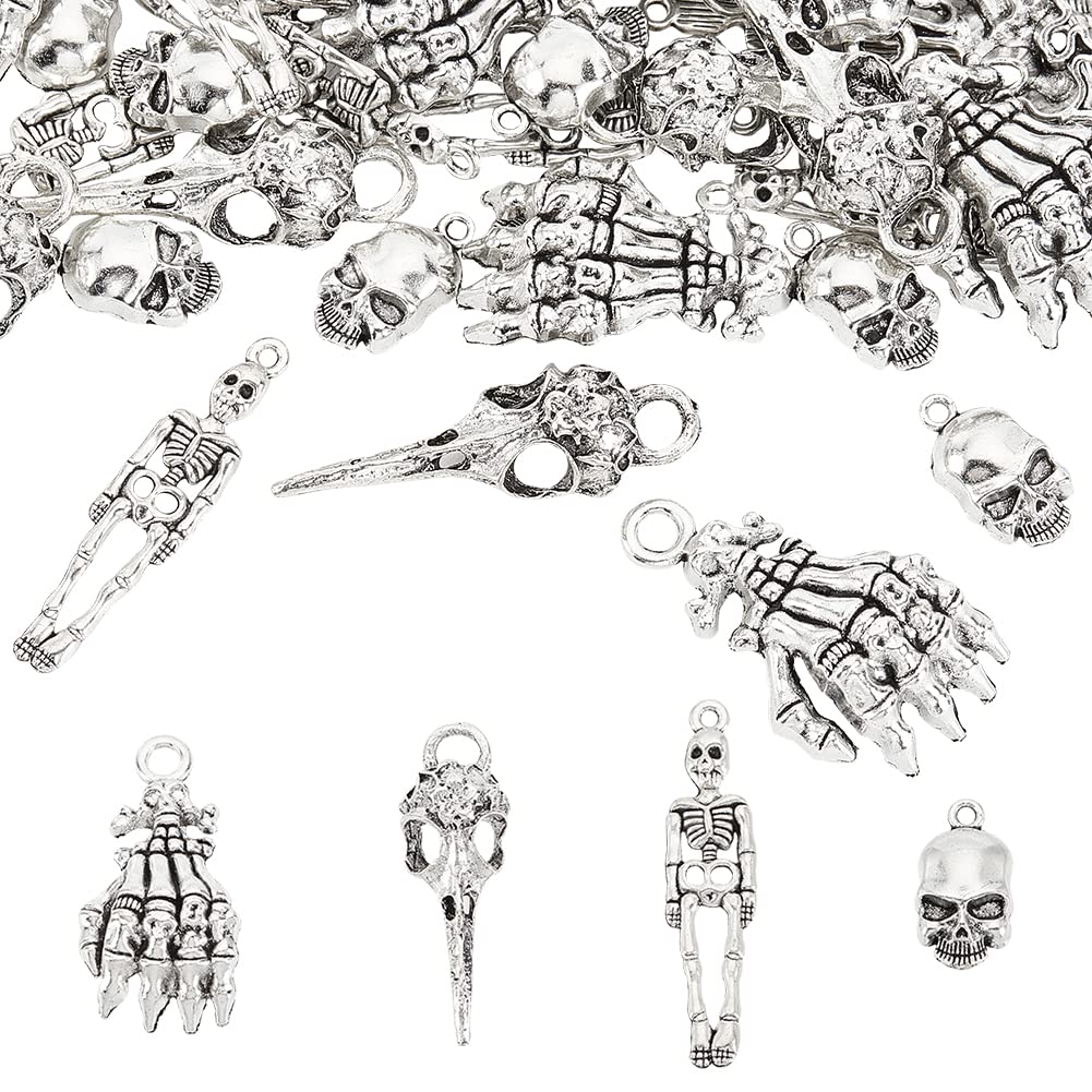 FINGERINSPIRE 60 Pcs 4 Styles Metal Skeleton Skull Hand Claws Charm Alloy Bird Head Crow Raven Skull Pendant Tibetan Style Pendant for Key Chain Necklace Bracelet Jewelry Making Halloween Decoration