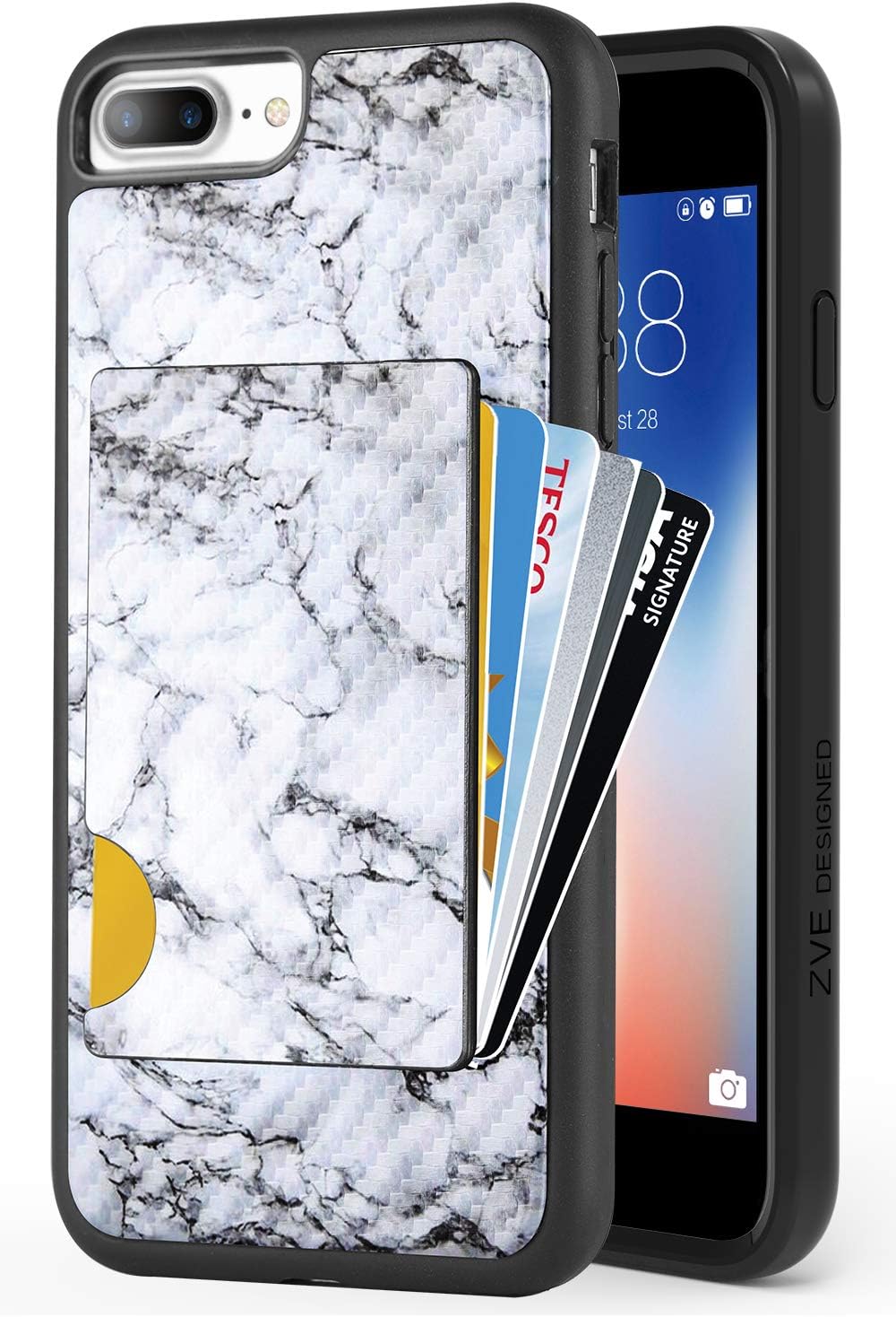 iPhone 8 Plus Wallet Case, iPhone 7 Plus Card Holder Case, ZVEdeng Protective Credit Card Case Carbon Fiber Slim Card Clip Case for Apple iPhone 8 Plus/7 Plus 5.5'' White Marble