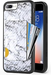 iPhone 8 Plus Wallet Case, iPhone 7 Plus Card Holder Case, ZVEdeng Protective Credit Card Case Carbon Fiber Slim Card Clip Case for Apple iPhone 8 Plus/7 Plus 5.5'' White Marble