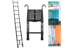 JUPITOR Telescoping Ladder 10FT Extension Ladder with 2 Detachable Roof Ladder Hooks 2.8", Collapsible Ladders for Home, Aluminum Telescopic Extendable Ladder Rv Ladder Loft Ladder, Max 330 Lb Capacity, EN131