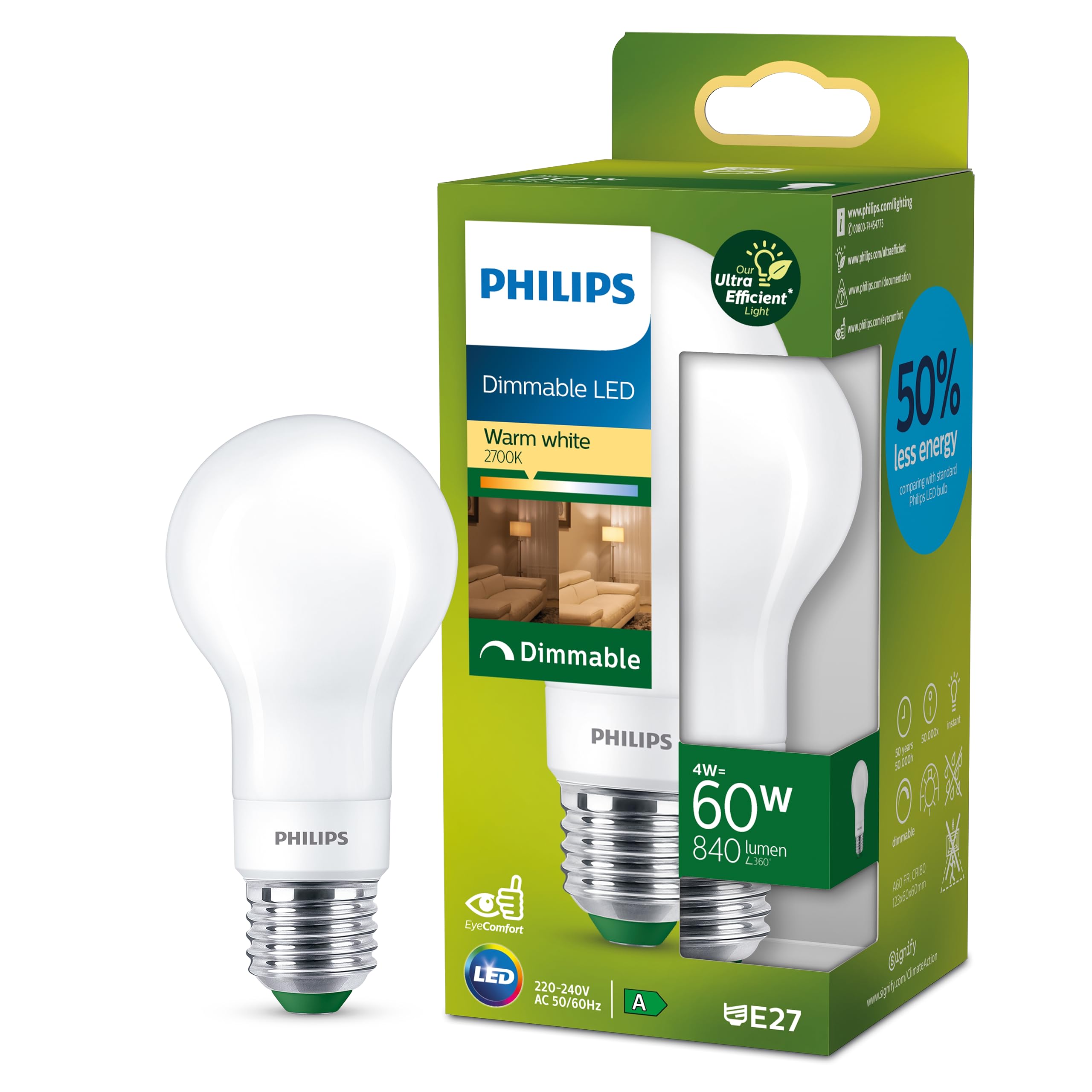Philips Ultra Efficient - Ultra Energy Saving Lights, LED Light Source, 60W, E27, A60, Frosted Glass, Warm White Light, 2700 Kelvin, dimmable, Matt