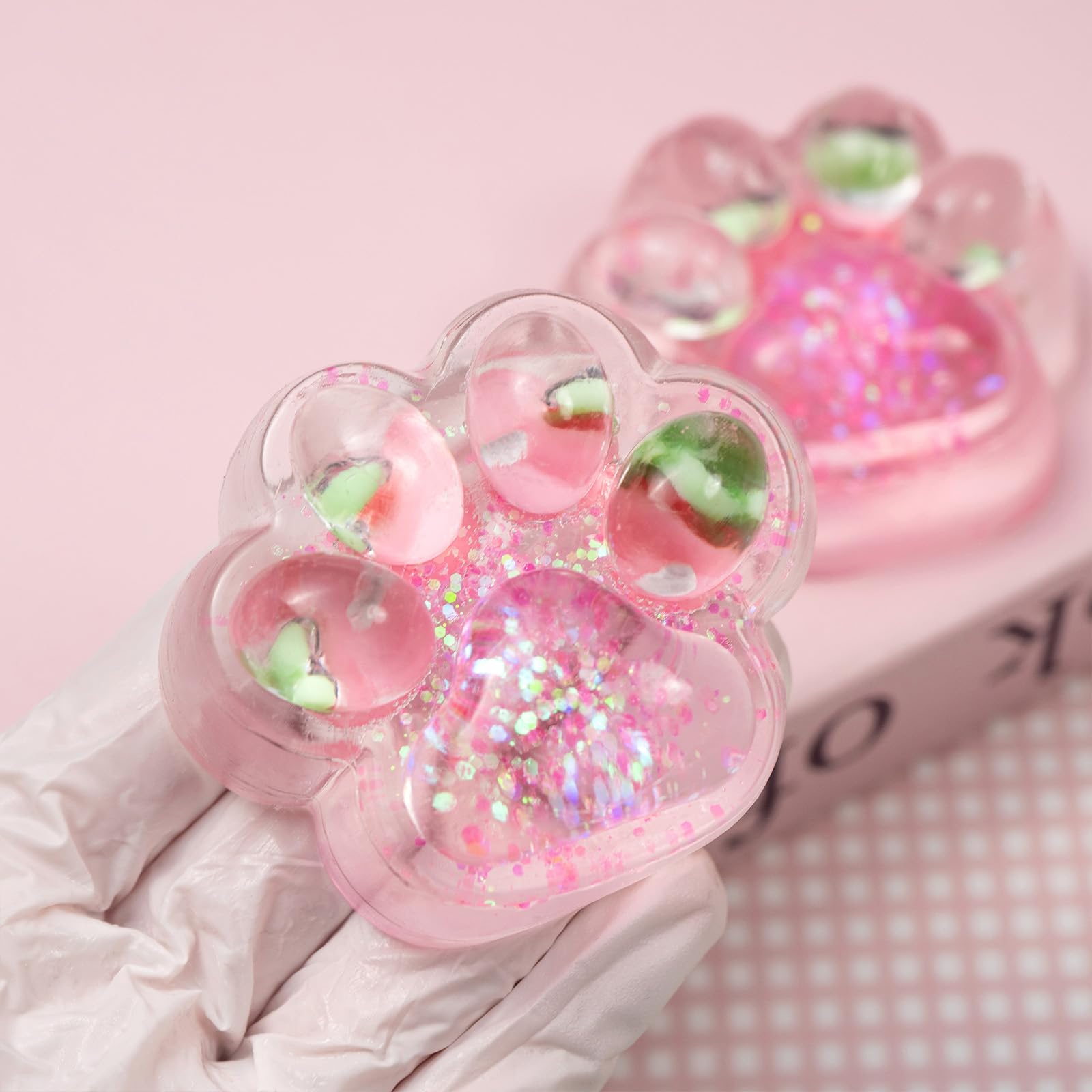 2Pcs Cat Paw Strawberry Squishy Toys, Cute Handmade Taba Squeeze Toy, Kawaii Pink Squishies Sensory Pinch Toy, Clear Soft Kitty Stress Relief Squishy Fidget Toys for Adults
