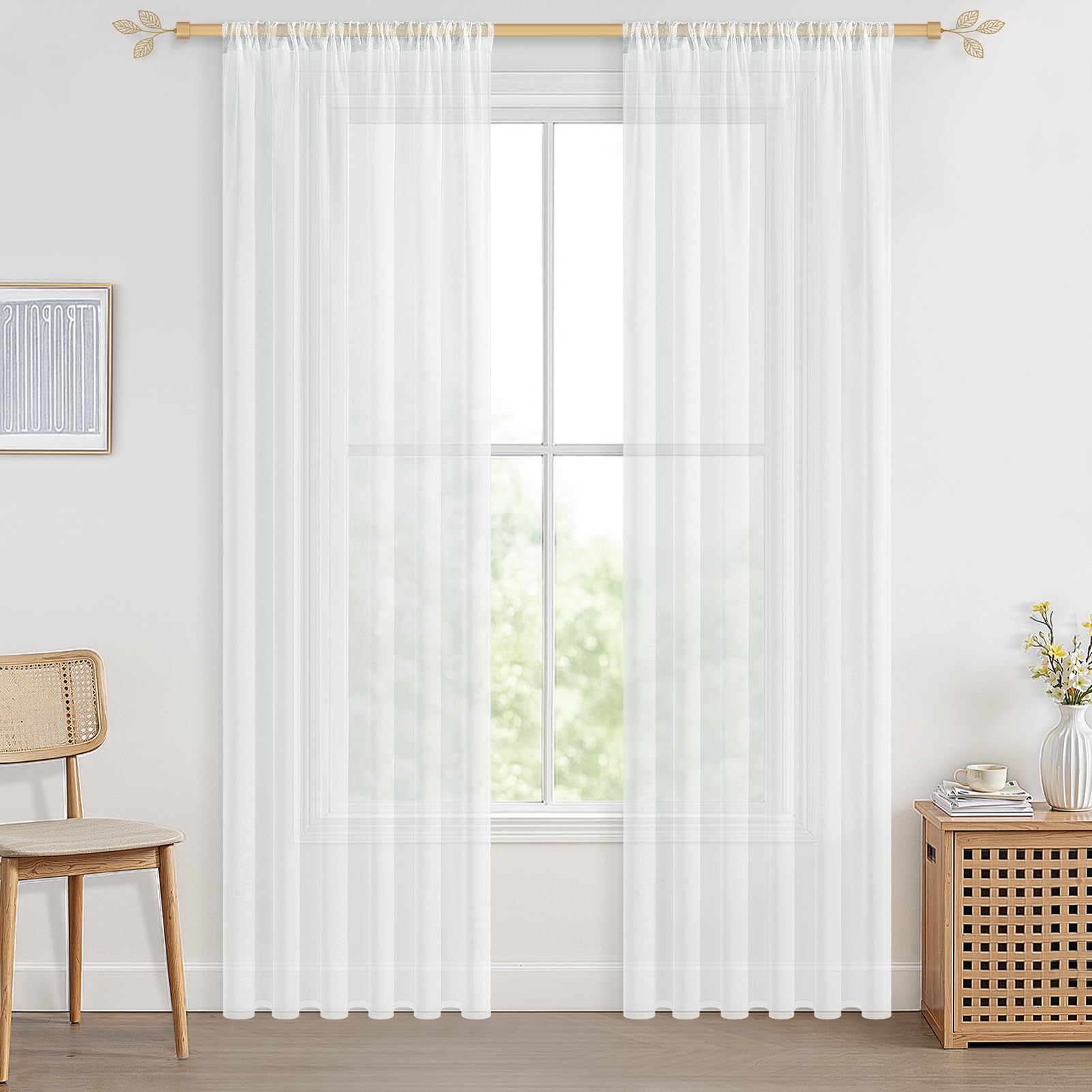 CUTEWIND Pair of Pearl White Drop Sheer Curtains 84 Inch Length Voile Top Curtains for Cafe Window Bedroom Living Room Balcony Basement Nursery Rod Pocket 2 Panels(Pure White,55" x 84")