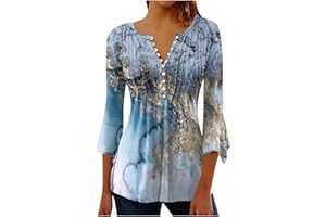 DOUBLELIFT Womens Tops 3/4 Length Sleeves Tunic Vintage Graphic Tees Boho Blouses for Women Casual Floral Print Womens Shirts