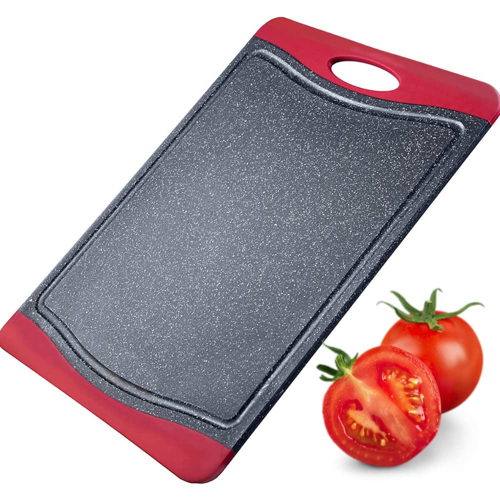 Westmark Chopping Board with juice groove, Non-slip and blade-friendly, Cutting surface: 44.5 x 30 cm, Granite design, Plastic, Anthracite/Red, 6217224G