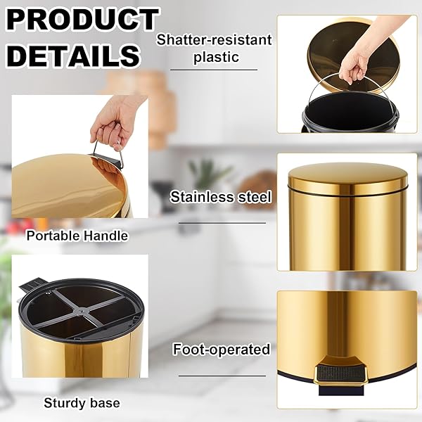REALLNAIVE 30L/8GAL GOLD STEP TRASH CAN WITH 100 GARBAGE BAGS METALLIC GOLD BRASS LIDDED STEP KITCHEN GARBAGE BIN WITH LID COMMERCIAL COMPACT WASTE BASKET FOR SHOPPING CENTERS, ELEVATOR DOORS, HOTELS
