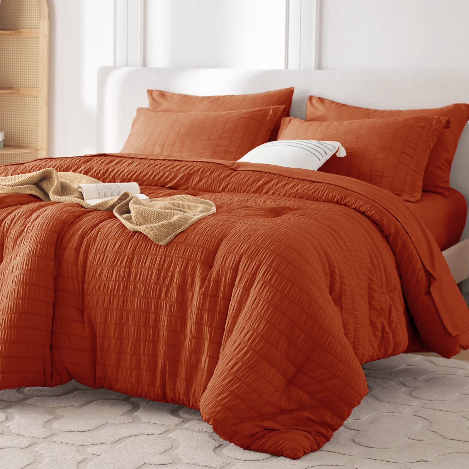 MUXHOMO 5 Pieces Twin Comforter Set, Seersucker Bed in a Bag Twin Size, All Season Luxury Bedding Set with Comforter, Flat Sheet, Fitted Sheet, Pillowcase & Sham, Burnt Orange Image