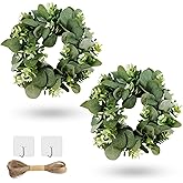 WATUNID 2PC Artificial Eucalyptus Wreath for Front Door, 14 Inch Green Leaf Wreath with 1PC Rope and 2PCS Hook, Spring Summer Greenery Wreaths for Farmhouse Home Porch Wall Festival Wedding Decor