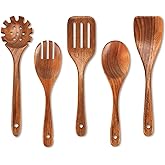 Wood Kitchen Utensils Set, 5 PCs Natural Acacia Wooden Spoons For Cooking, Wood Cooking Utensils Set, including Non-Stick Wooden Salad Fork, Salad Spoon, Frying Spatula, Slotted Spatula, Pasta Spoon
